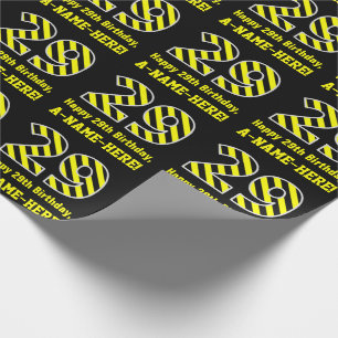 Black & Yellow Striped "29"; 29th Birthday + Name Wrapping Paper