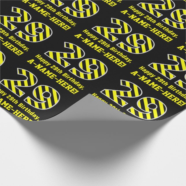 Black & Yellow Striped "29"; 29th Birthday + Name Wrapping Paper (Corner)