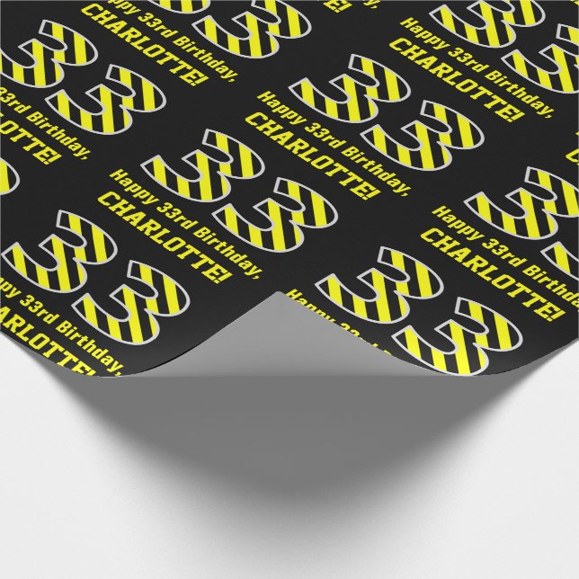 Black & Yellow Striped "33"; 33rd Birthday + Name Wrapping Paper (Corner)