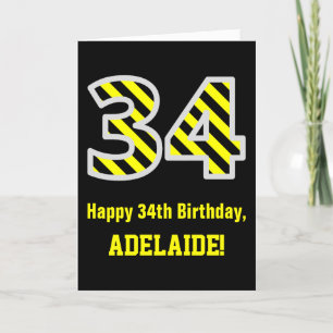 Black & Yellow Striped "34"; 34th Birthday + Name Card