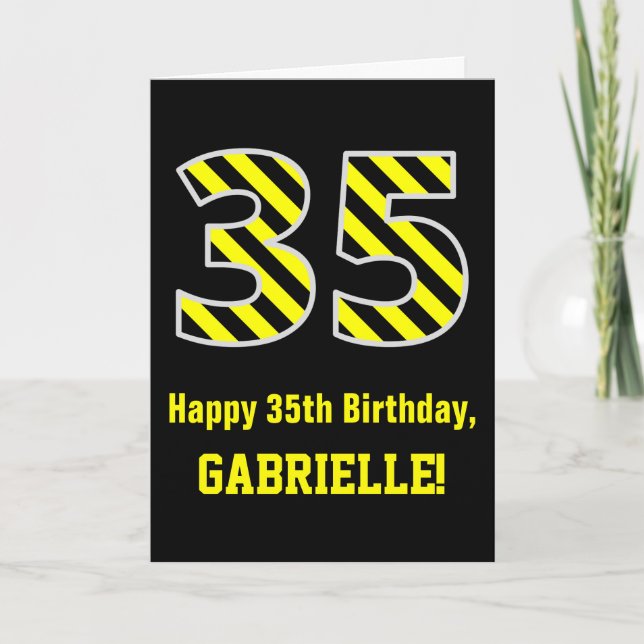 Black & Yellow Striped "35"; 35th Birthday + Name Card (Front)