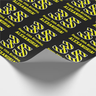 Black & Yellow Striped "35"; 35th Birthday + Name Wrapping Paper
