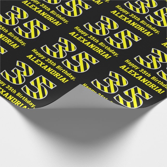Black & Yellow Striped "35"; 35th Birthday + Name Wrapping Paper (Corner)