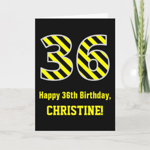 Black & Yellow Striped "36"; 36th Birthday + Name Card