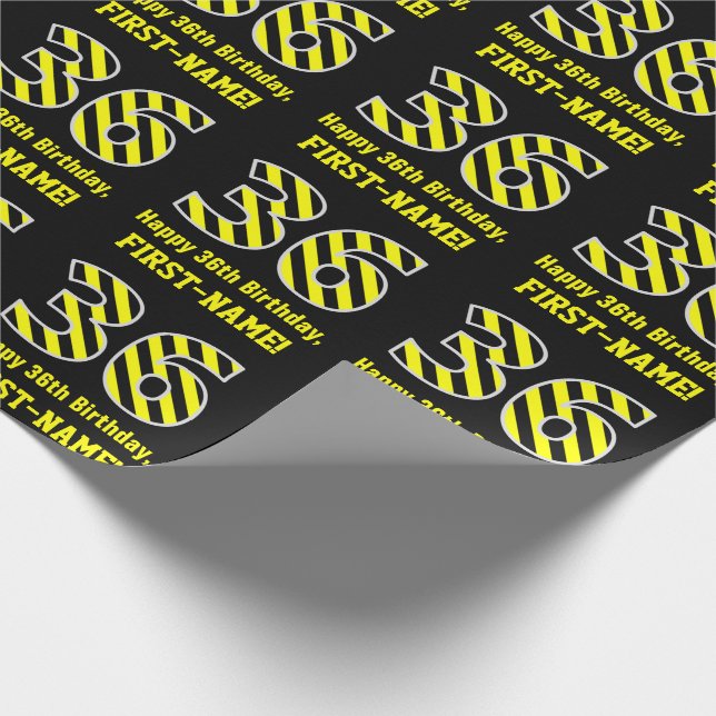 Black & Yellow Striped "36"; 36th Birthday + Name Wrapping Paper (Corner)
