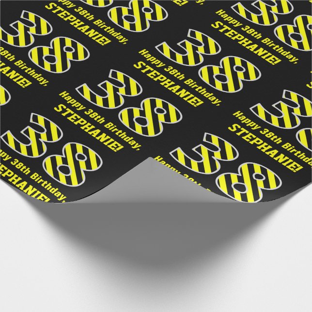 Black & Yellow Striped "38"; 38th Birthday + Name Wrapping Paper (Corner)
