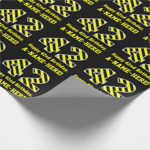Black & Yellow Striped "42"; 42nd Birthday + Name Wrapping Paper