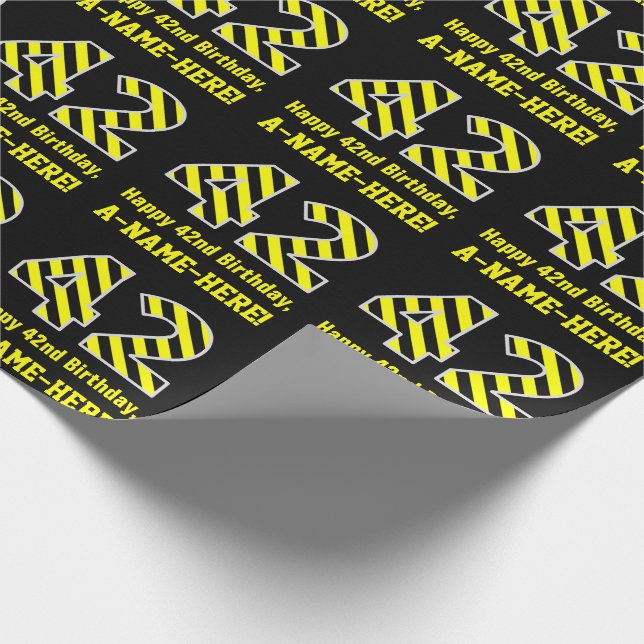 Black & Yellow Striped "42"; 42nd Birthday + Name Wrapping Paper (Corner)