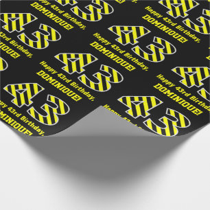 Black & Yellow Striped "43"; 43rd Birthday + Name Wrapping Paper