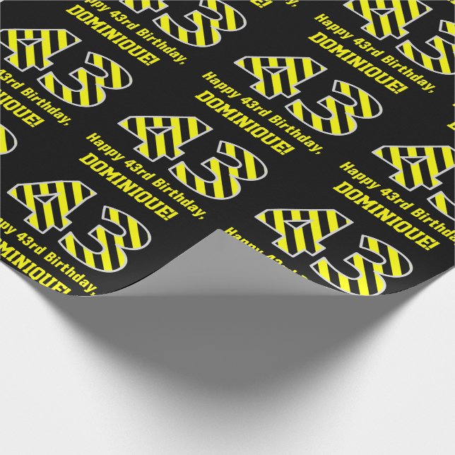 Black & Yellow Striped "43"; 43rd Birthday + Name Wrapping Paper (Corner)