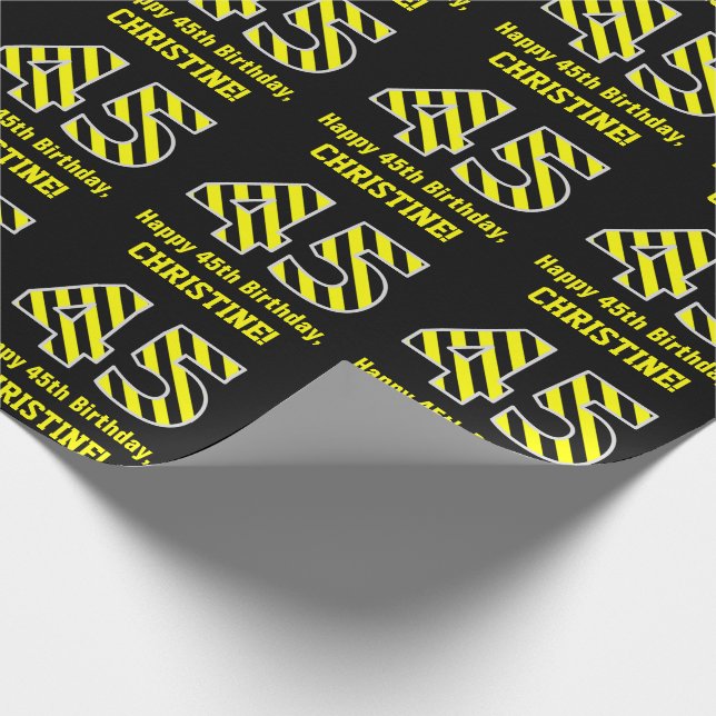 Black & Yellow Striped "45"; 45th Birthday + Name Wrapping Paper (Corner)