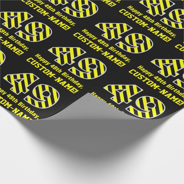 Black & Yellow Striped "49"; 49th Birthday + Name Wrapping Paper (Corner)
