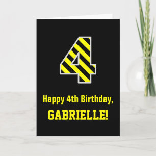 Black & Yellow Striped "4"; 4th Birthday + Name Card
