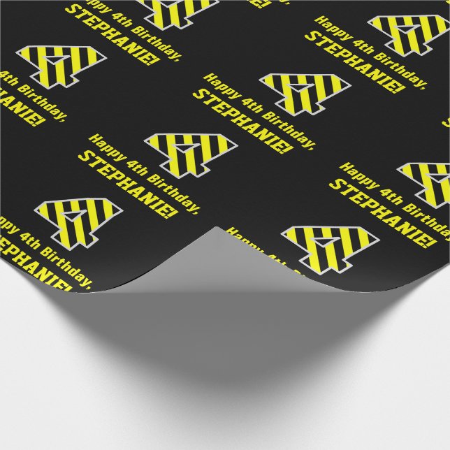 Black & Yellow Striped "4"; 4th Birthday + Name Wrapping Paper (Corner)