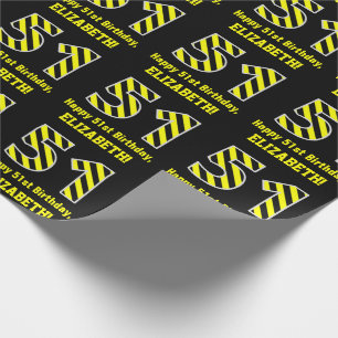 Black & Yellow Striped "51"; 51st Birthday + Name Wrapping Paper
