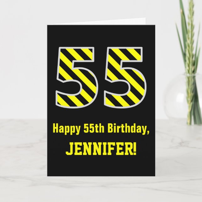 Black & Yellow Striped "55"; 55th Birthday + Name Card (Front)