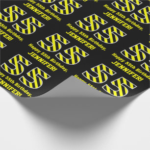 Black & Yellow Striped "55"; 55th Birthday + Name Wrapping Paper