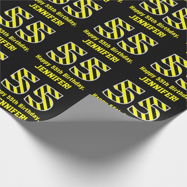 Black & Yellow Striped "55"; 55th Birthday + Name Wrapping Paper (Corner)