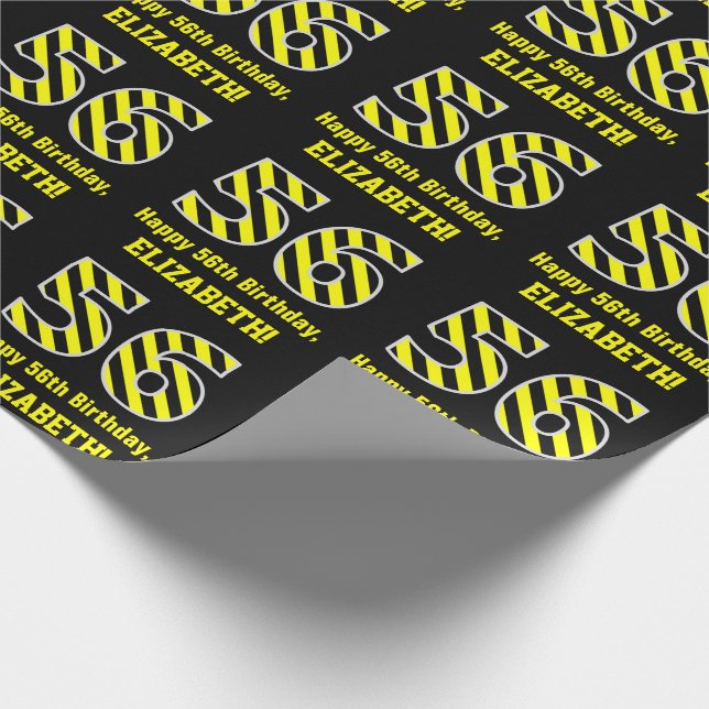 Black & Yellow Striped "56"; 56th Birthday + Name Wrapping Paper (Corner)