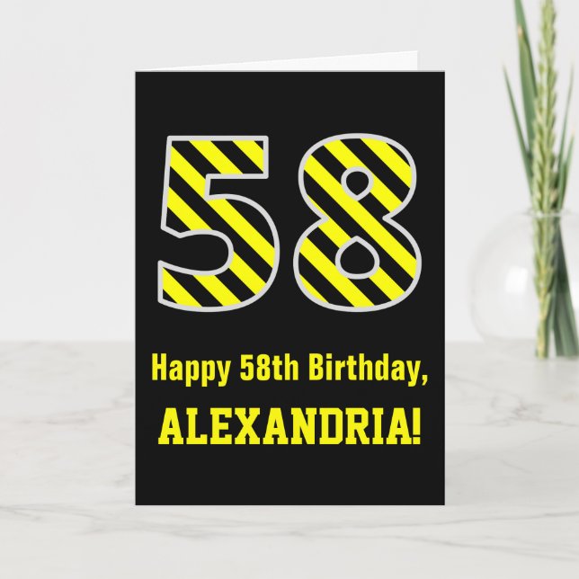 Black & Yellow Striped "58"; 58th Birthday + Name Card (Front)