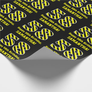 Black & Yellow Striped "58"; 58th Birthday + Name Wrapping Paper
