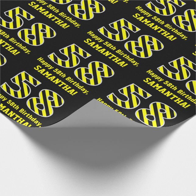 Black & Yellow Striped "58"; 58th Birthday + Name Wrapping Paper (Corner)