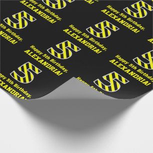 Black & Yellow Striped "5"; 5th Birthday + Name Wrapping Paper