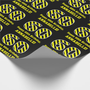 Black & Yellow Striped "60"; 60th Birthday + Name Wrapping Paper