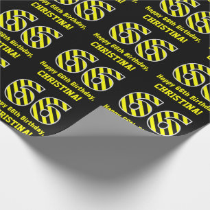 Black & Yellow Striped "66"; 66th Birthday + Name Wrapping Paper