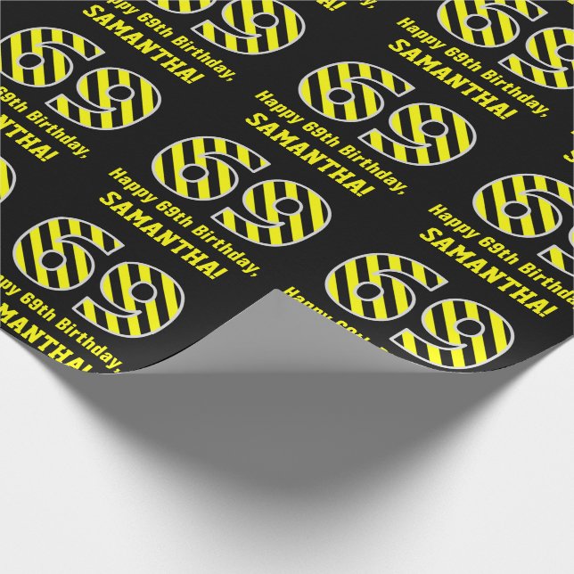 Black & Yellow Striped "69"; 69th Birthday + Name Wrapping Paper (Corner)