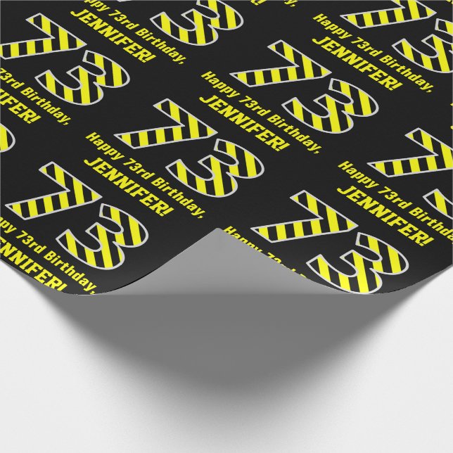 Black & Yellow Striped "73"; 73rd Birthday + Name Wrapping Paper (Corner)