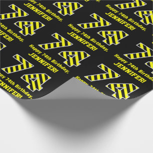 Black & Yellow Striped "74"; 74th Birthday + Name Wrapping Paper