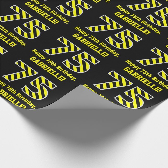 Black & Yellow Striped "75"; 75th Birthday + Name Wrapping Paper (Corner)