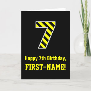 Black & Yellow Striped "7"; 7th Birthday + Name Card