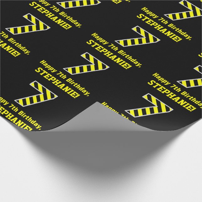 Black & Yellow Striped "7"; 7th Birthday + Name Wrapping Paper (Corner)