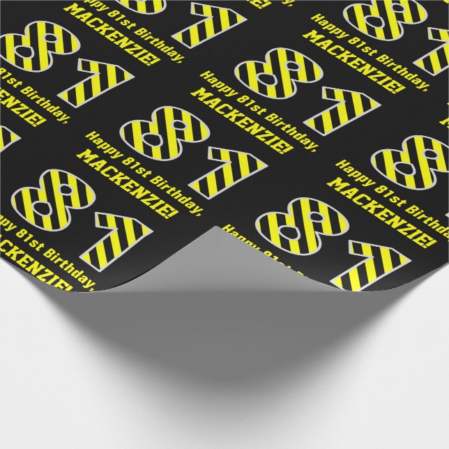 Black & Yellow Striped "81"; 81st Birthday + Name Wrapping Paper (Corner)
