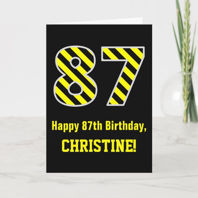 Black & Yellow Striped "87"; 87th Birthday + Name Card (Front)
