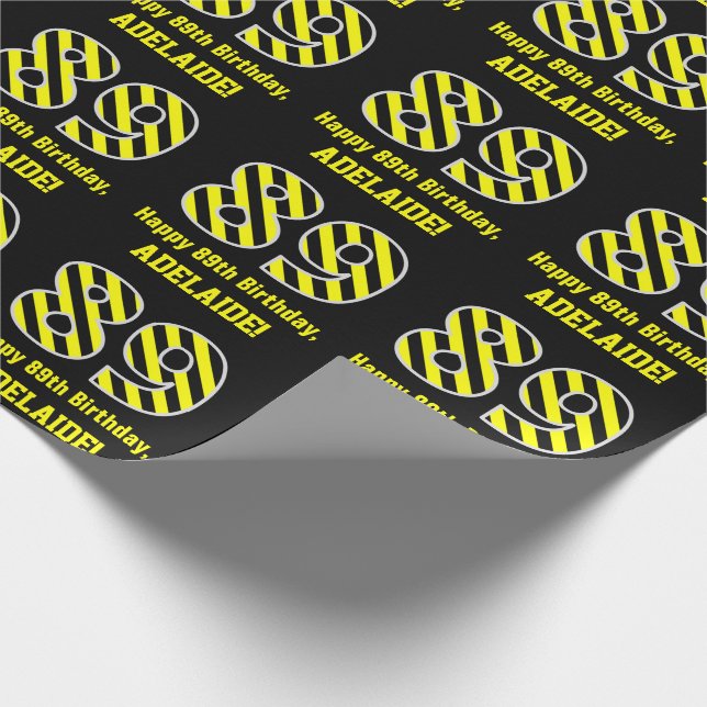 Black & Yellow Striped "89"; 89th Birthday + Name Wrapping Paper (Corner)