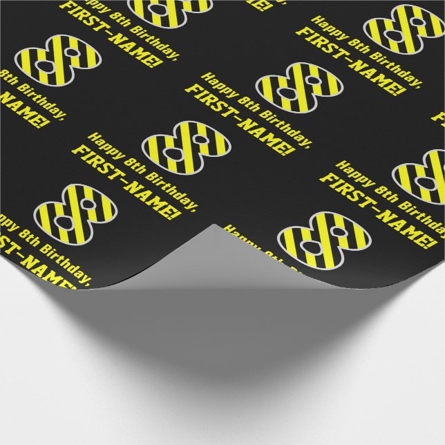 Black & Yellow Striped "8"; 8th Birthday + Name Wrapping Paper (Corner)