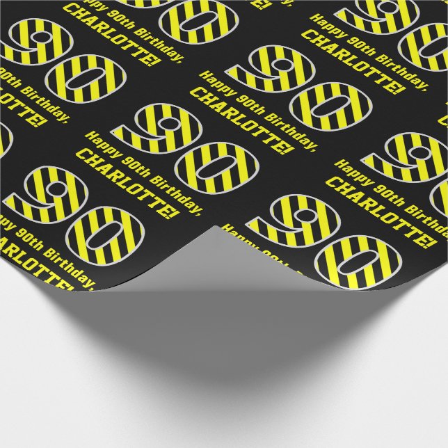 Black & Yellow Striped "90"; 90th Birthday + Name Wrapping Paper (Corner)