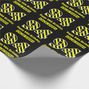 Black & Yellow Striped "94"; 94th Birthday + Name Wrapping Paper