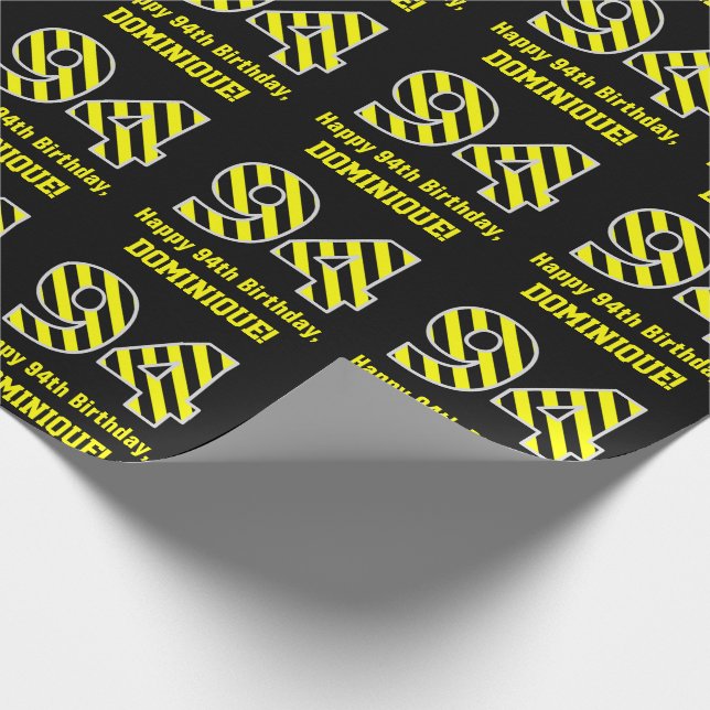 Black & Yellow Striped "94"; 94th Birthday + Name Wrapping Paper (Corner)