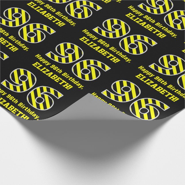 Black & Yellow Striped "96"; 96th Birthday + Name Wrapping Paper (Corner)