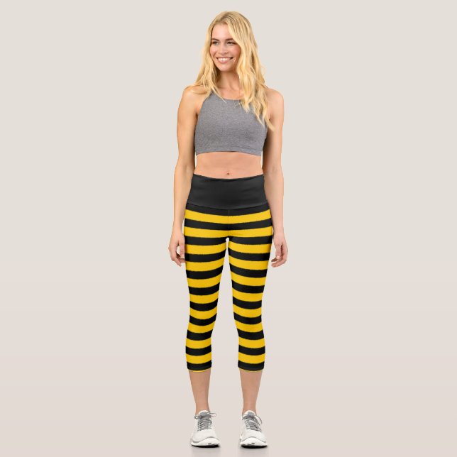 Black & Yellow Striped Bumble Bee Fitness -  Capri Leggings (Front)