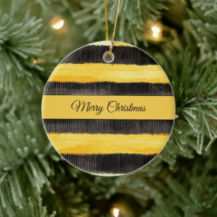 Black Yellow Stripes "Merry Christmas" Ceramic Tree Decoration