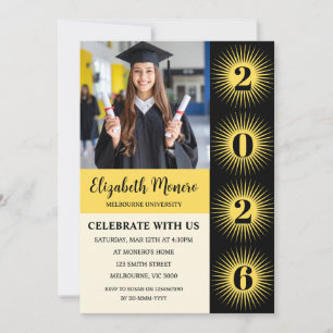 Black Yellow Sunburst Graduation Photo Invitation