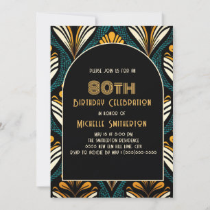 Black Yellow Teal Art Deco Arch 80th Birthday Invitation