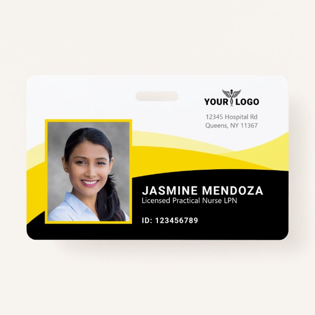 Black Yellow Template Business Logo Photo Name ID ID Badge (Front)