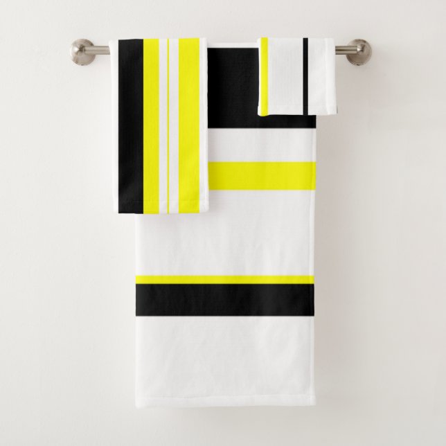Black yellow white and grey stripes bath towel set (Insitu)