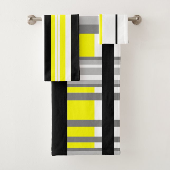 Black yellow white and grey stripes bath towel set (Insitu)